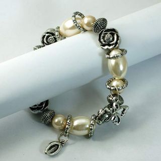   White Elastic Oval Beads Silver Flower Dangle Bracelet Costume