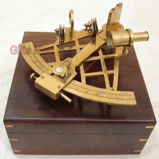 Large Brass Sextant 10 w Wooden Case Nautical Maritime Astrolabe SHIP 