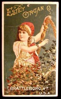 Estey Organ Co Brattleboro Vermont VT Girl Harp Trade Card