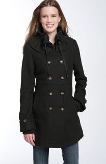 Coffee Shop Ruched Collar Double Breasted Black Coat Jacket Wool Blend 