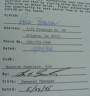 Ross Browner Signed USFL Football Houston Gamblers Contract College FB 