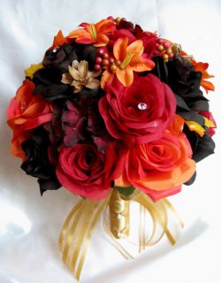 Wedding Bouquet Bridal Silk flowers BROWN RED ORANGE LILY FALL 17 pc 