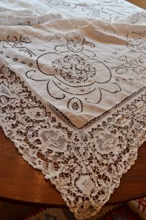   ANTIQUE LINEN TABLECLOTH w BRUSSELS LACE AND MADEIRA EMBROIDERY C72