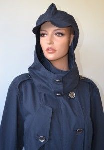 Burberry Brit $750 Hooded Navy Blue Rain Nova Check Trench Coat Jacket 