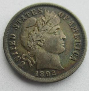 1892 SILVER BARBER DIME   FIRST YEAR ISSUE **NICE RAINBOW TONE** FULL 