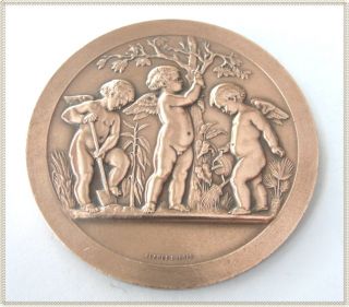 Vintage Bronze Medal 3 Cherubs Gardeners Watering Pruning Digging 