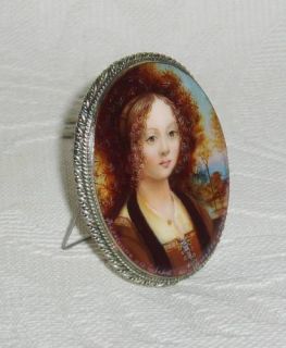 Lacquer brooch Mother of pearl  Ginevra Benci  Hand Painted