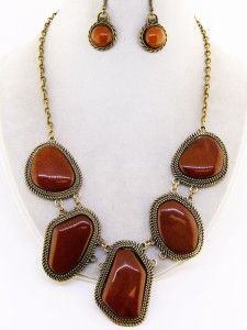   brown chunky acrylic stone gold elegant necklace set costume jewelry