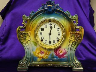 Antique Royal Bonn Ansonia Porcelain Ornate Clock Running