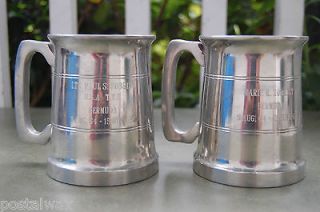 MZ~VINTAGE PAIR ENGLISH LONDON TUDRIC PEWTER BEER CUPS w/ CLEAR GLASS 