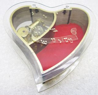 Vintage Clear Heart Shaped Jewelry Wind up Music Box w Sankyo Cylinder 