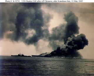 USS Bunker Hill CV17 Off Okinawa Kamikaze Hits Photo