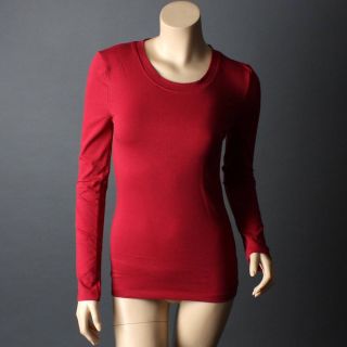 Burgundy Red Long Sleeve Women Basic Layer Crew Neck T Shirt Top Size 
