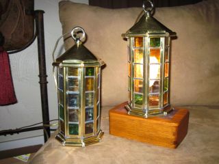 Antique Vintage Old Pair Stained Glass Lanterns Addorable