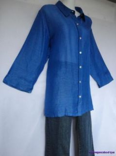 Chicos Cobalt Blue Linen Silk Textured Sheer Blouse 3 4 Sleeve Shirt 