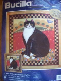bucilla needlepoint craft kit folk art cat stitchery printed canvas 
