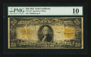 Fr. 1187* 1922 $20 GOLD CERTIFICATE ★STAR★ NOTE GRADED PMG VG 10 