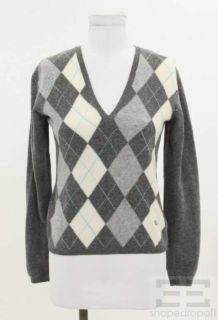 Burberry London Grey Cream Turquoise Argyle Wool Sweater Size Small 