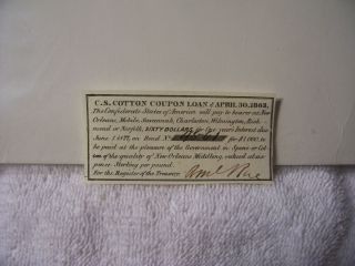 Confederate $1000 C s Cotton Loan Bond Coupon for $60 Currency 1863 