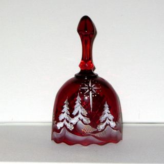   Ruby Red Glass Bell Handpainted Snow Christmas Scene by Buskirk