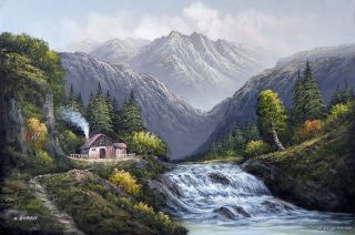 Mountain Hunting Fishing Cabin Home Landscape River Rapids Large Oil 