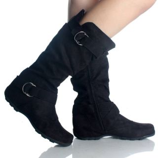 Black Mid Calf Boots Flat Slouch Buckle Faux Suede Cute Womens Shoes 