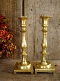 Pair of Antique BRASS Candlesticks 19thC. Footed SQUARE Bases 10 VERY 