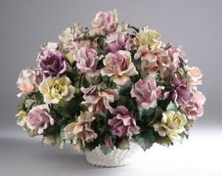 Capodimonte Large Flower Basket 10 Roses & Poppy Blue Crown N Marked 