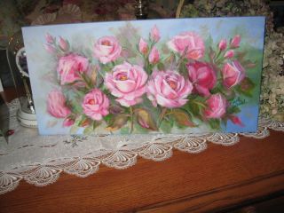 ORIGINAL OIL PAINTING PINK DEWALD SHABBY ROSES CHIC  ART 