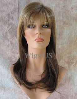    Brown with Blonde Highlights Long Layers Capless Bangs Womens Wig