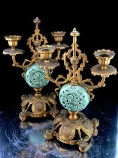 RARE Qing Dynasty Bronze Ormolu Candelabra Dragon Porcelain Antique 