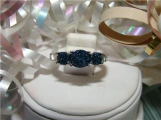 925 3 Stone Caribbean Blue Diamond Cluster Ring Size 8
