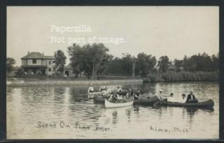   Alma RPPC C 1909 Scene on Pine River People and Canoes Canoeing