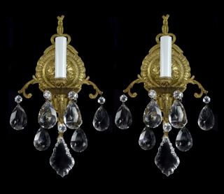 Pair of Antique Sconces Brass Bronze Vintage Crystal Glass Regency 