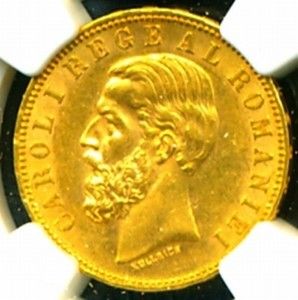 1890 B Romania Carol I Gold Coin 20 Lei NGC Cert AU 58 Exquisite Lush 