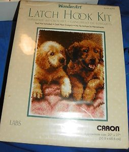 Cute new Caron latch hook rug kit 20X27 Chocolate Lab pups dogs