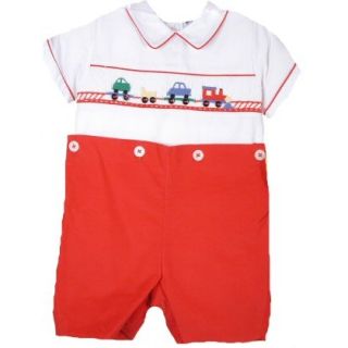   Red White Smocked w Train Baby Boy Shortall Carriage Boutique