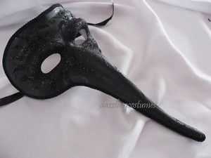 Black Glitter Casanova Mask Long 10 Nose Beak Venetian Swan Glitter 