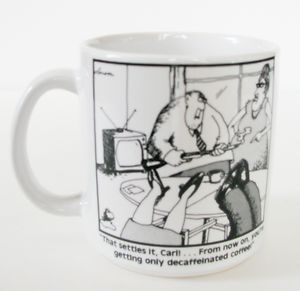   Coffee Mug Gary Larson Decaf Ceramic Cup 1980 Cartoon Carl B W