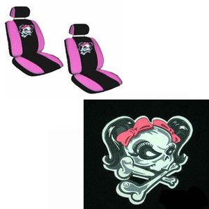   Pink Bow Skeleton Black Low Back Bucket Car Seat Covers Set Fit