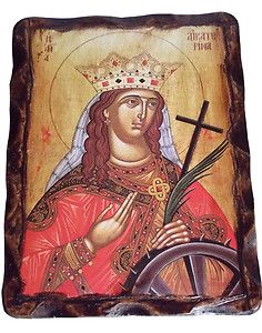 Saint Catherine The Great Martyr Orthodox Icon on Wood Handmade Greece 
