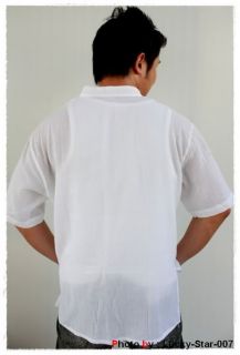 Mens Casual Cotton Shirt Mandarin Collar White M L