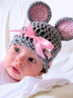 Crochet grey MOUSE Hat NEWBORN, baby GIRL, PHOTO PROP, handmade