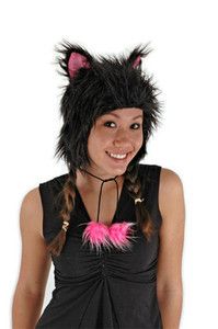 Catarina Kitty Hat Black Faux Fur Novelty Costume Animal Cat Pom Poms 
