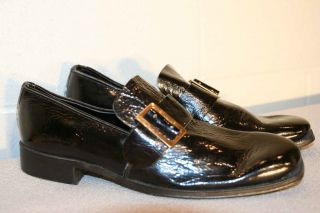 NEW BLACK CRINKLE PATENT VTG 60s 70s MOD BELTED SLIP ON Shoe 7.5