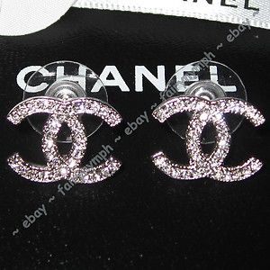 CHANEL CLASSIC Silver CC CRYSTAL Logo Stud Earrings NIB match your 
