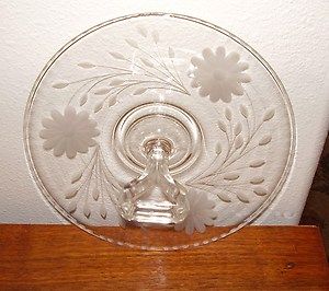   Clear Glass w Etched Design Center Handle Sandwich Plate Tray