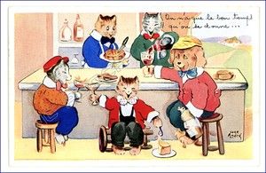   Andre vintage cat postcard dressed cats & dog drink wine eat cake food
