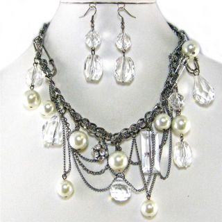 Chunky Dangle Chain Pearl Crystal Fireball Earrings Necklace Set 