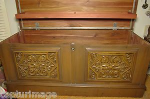   Cedar Chest with Carved Wood Front and Hinged Shelf In Lid NEW LOCK